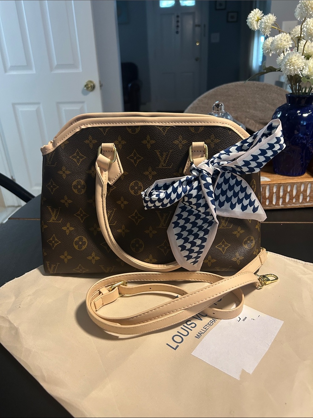 Unlisted Brown Monogram Satchel with Cream Trim and Blue Scarf